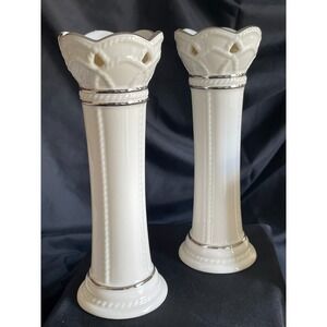 Lenox ~ Artiste Pair of Candle Holders Porcelain ~ White with Silver Trim ~ NIB